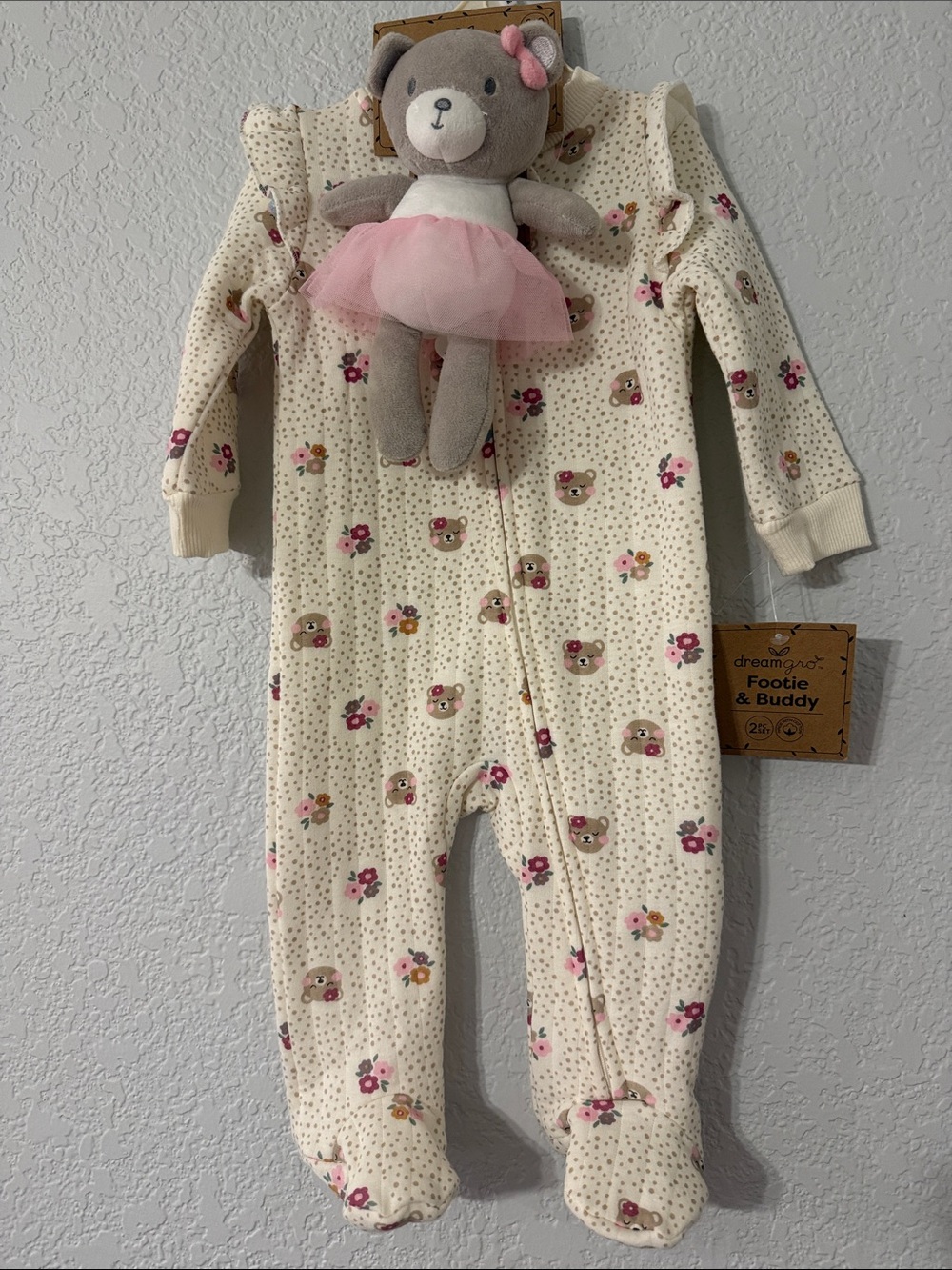 NWT- Cream Floral Footed One-Piece for Kids, includes matching teddy doll.